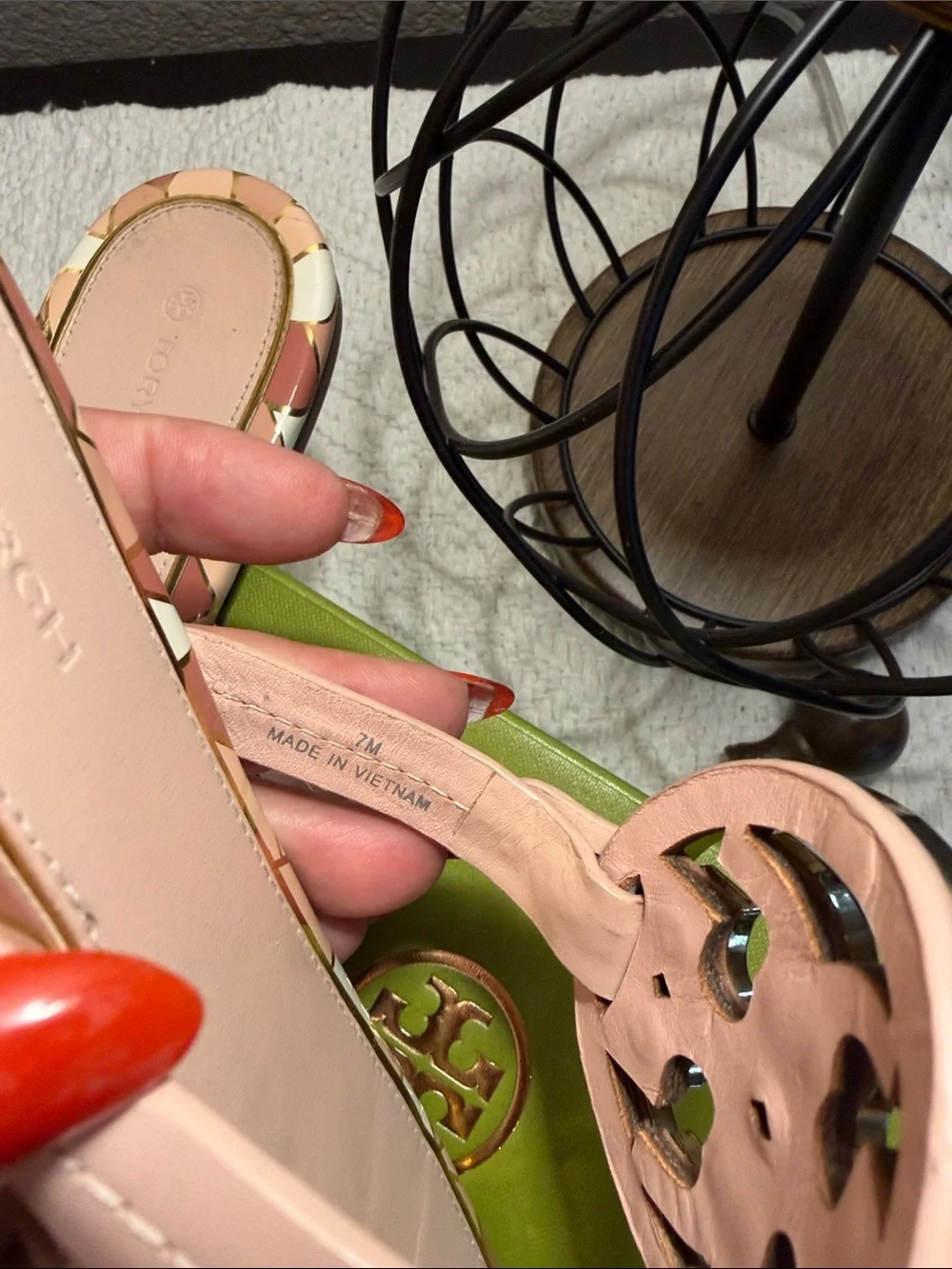 Tory Burch Blush Pink Miller Logo Thong Sandals with Patterned Trim